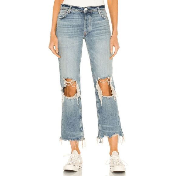 Free People Blue Distressed Denim Maggie Mid-Rise Straight-Leg Jeans Size 27 - Picture 1 of 7